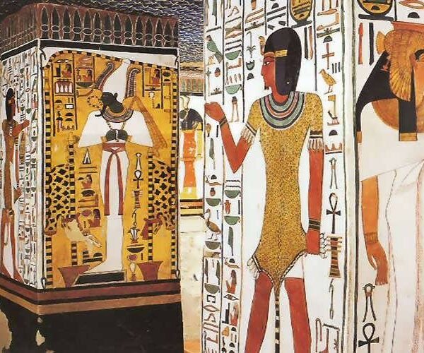 Colorful paintings of Egyptian figures and hieroglyphs covering the pillars and walls of Nefertari’s tomb