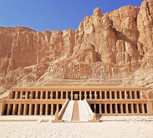 Colonnaded terraces and central ramp of the Temple of Hatshepsut beneath the cliffs on Luxor’s west bank
