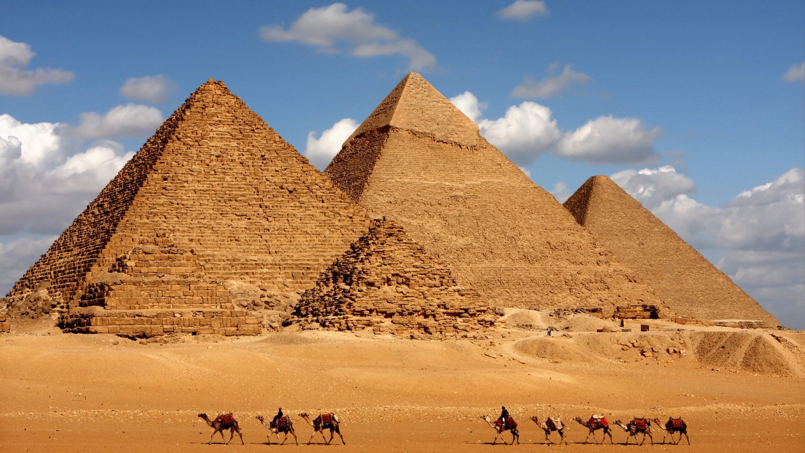 A line of camels crossing the desert in front of the pyramids of Giza beneath a partly cloudy sky