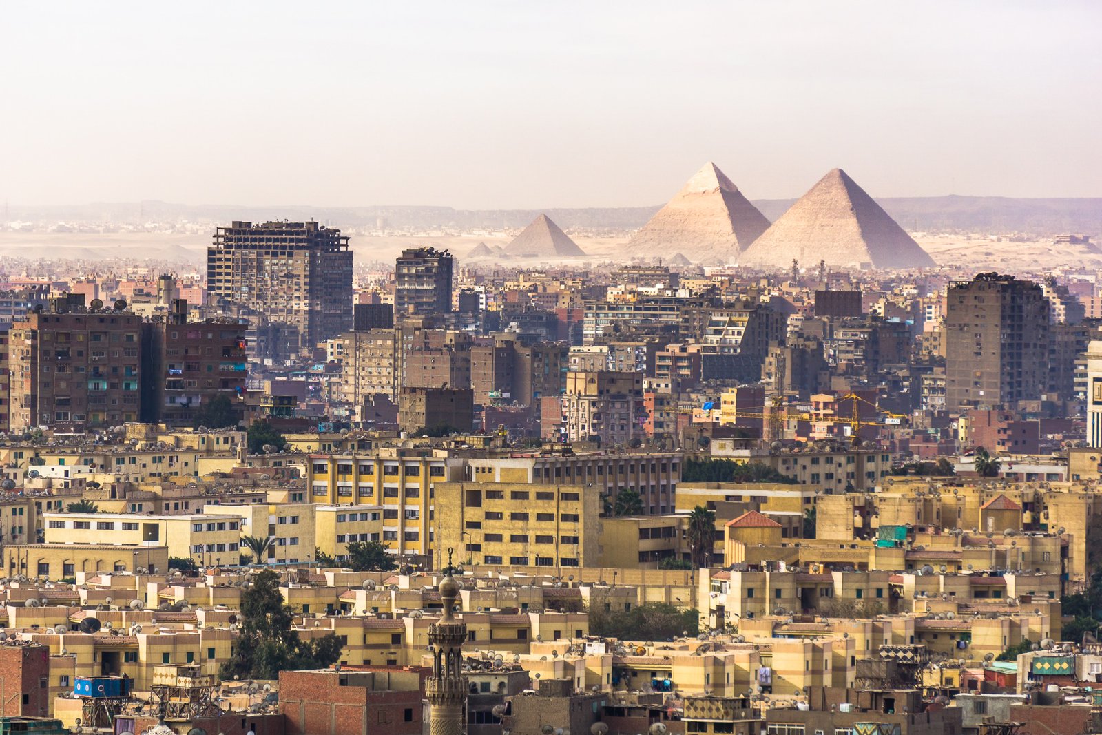 The pyramids of Giza rising beyond a dense skyline of Cairo apartment buildings