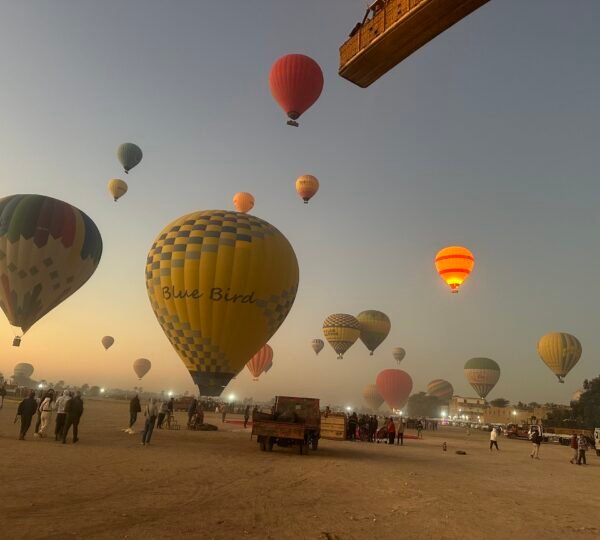Many colorful hot air balloons taking off above the Luxor launch field at sunrise