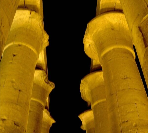 An upward view of monumental sandstone columns illuminated in gold against a black night sky at Luxor Temple