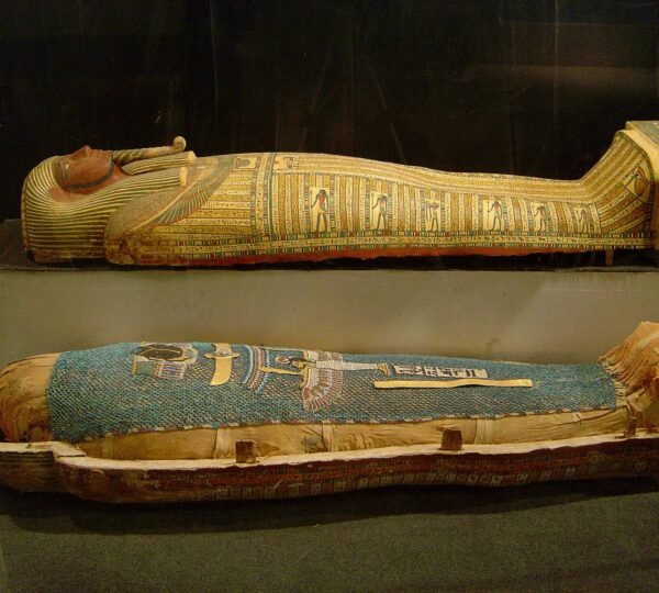 A brightly painted anthropoid coffin lid above a funerary display covered with a blue bead net in a museum case