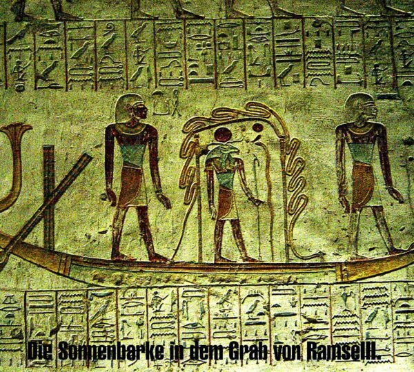 Three Egyptian figures standing in a painted ceremonial boat, surrounded by hieroglyphs on a tomb wall