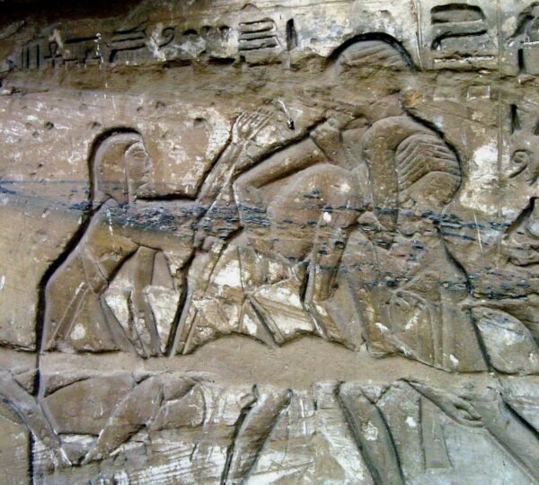 A stone relief of pairs of wrestlers beneath hieroglyphs on a wall at Medinet Habu Temple