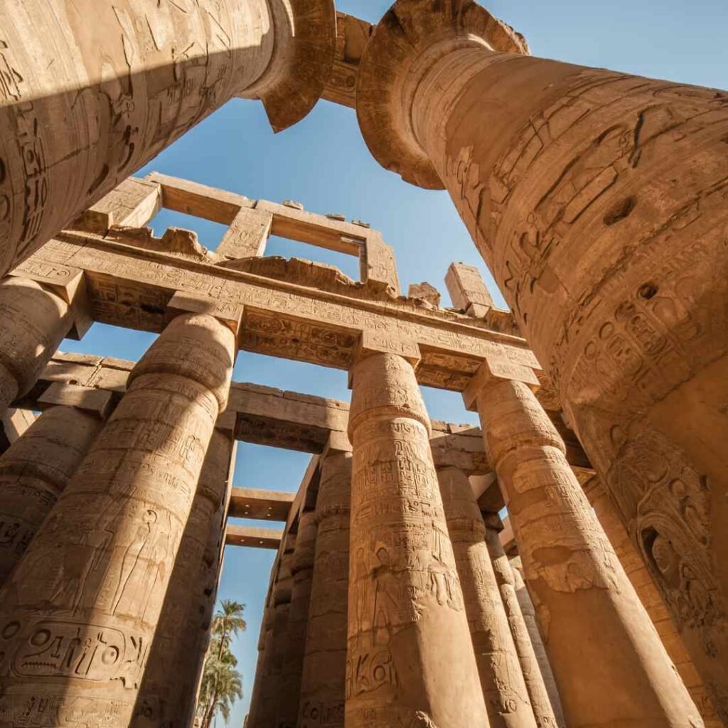 Carved sandstone columns and roof beams framing the sky in Karnak Templeโs hypostyle hall