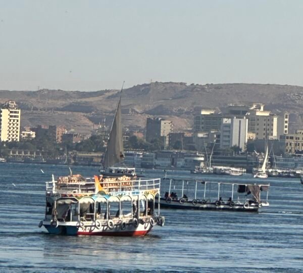 Passenger boats and felucca sailboats on the Nile with city buildings and desert hills beyond